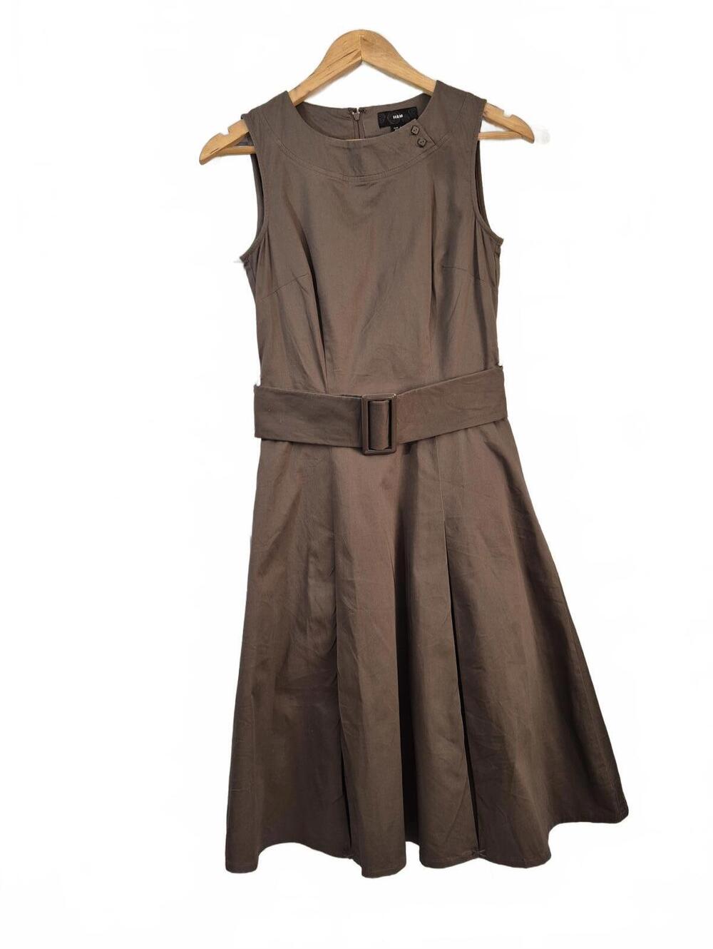 H&M Ladies Dark Taupe Color Sleeveless Belted A-Line Dress Pleated Cotton